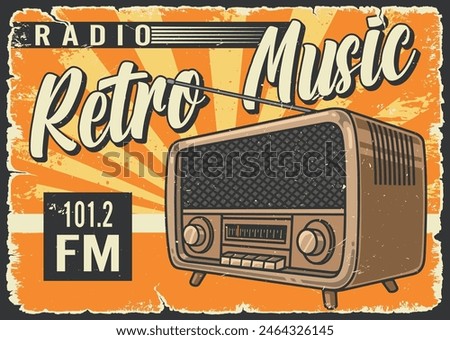 Radio music colorful vintage poster with retro receiver for listening to hits of 70s in grunge style vector illustration