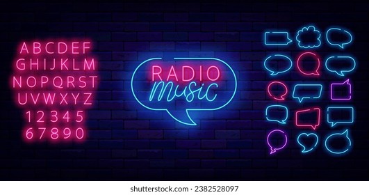 Radio music neon label. Speech bubbles frames set. On air. Online streaming concept. Event design. Shiny pink alphabet. Glowing banner. Editable stroke. Vector stock illustration