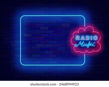 Radio music neon poster. Podcast on air. Online streaming. Bright greeting card. Empty blue frame and text in speech cloud. Glowing banner. Editing text. Vector stock illustration