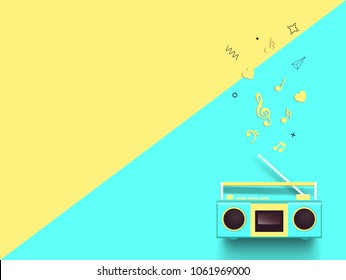 Radio and music notes on colorful background. Top view. Vector illustration