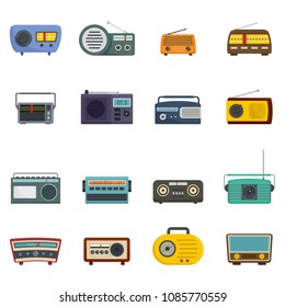 Radio music old device icons set. Flat illustration of 16 radio music old device vector icons isolated on white