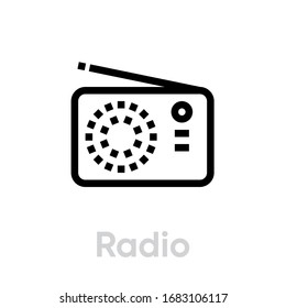 Radio Music Player Icon. Editable Line Vector. Vintage Element Transistor With Antenna. Single Pictogram.