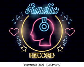 radio music record label neon lights vector illustration design