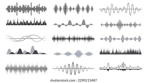 Diseño de ondas de radio, señal de audio analógica. Pista o sonido, vibraciones musicales. Reconocimiento de voz símbolos digitales monocromáticos vectores decentes