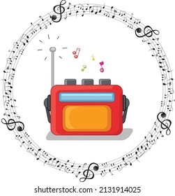 A radio with musical notes on white background illustration