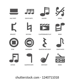 Radio, Natural, Half rest, Eighth note, Quarter note Backward, Crotchet icon 16 set EPS 10 vector format. Icons optimized for both large and small resolutions.