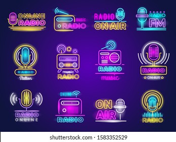 Radio neon. Broadcasting glow effect colored logo music show studio emblem live transmission vector