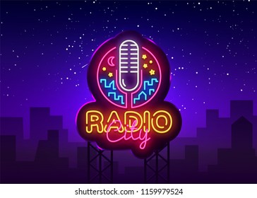 Radio Neon Logo Vector. Radio City neon sign, design template, modern trend design, night neon signboard, night bright advertising, light banner, light art. Vector illustration. Billboard