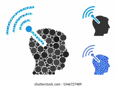 Radio neural interface composition of small circles in different sizes and color hues, based on radio neural interface icon. Vector small circles are grouped into blue composition.