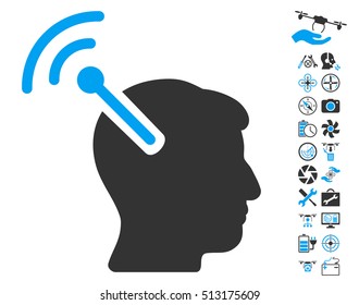 Radio Neural Interface icon with bonus drone service icon set. Vector illustration style is flat iconic blue and gray symbols on white background.