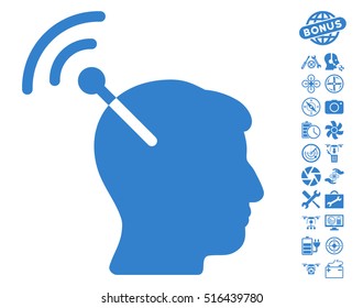 Radio Neural Interface icon with bonus quadrocopter service pictures. Vector illustration style is flat iconic symbols on white background.