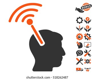 Radio Neural Interface icon with bonus options graphic icons. Vector illustration style is flat iconic orange and gray symbols on white background.