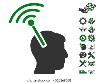 Radio Neural Interface icon with bonus service symbols. Vector illustration style is flat iconic green and gray symbols on white background.