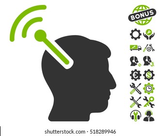 Radio Neural Interface icon with bonus setup tools graphic icons. Vector illustration style is flat iconic eco green and gray symbols on white background.