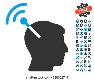 Radio Neural Interface icon with bonus setup tools icon set. Vector illustration style is flat iconic blue and gray symbols on white background.