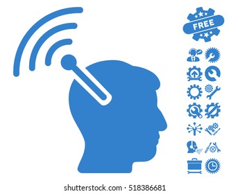 Radio Neural Interface icon with bonus tools pictures. Vector illustration style is flat iconic cobalt symbols on white background.
