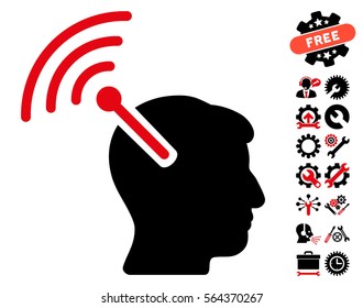 Radio Neural Interface icon with bonus settings graphic icons. Vector illustration style is flat iconic intensive red and black symbols on white background.