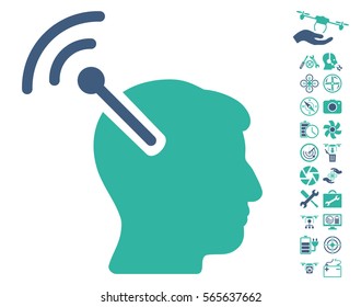 Radio Neural Interface icon with bonus quad copter tools clip art. Vector illustration style is flat iconic cobalt and cyan symbols on white background.