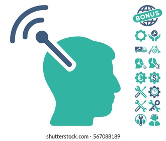 Radio Neural Interface icon with bonus service pictograph collection. Vector illustration style is flat iconic cobalt and cyan symbols on white background.