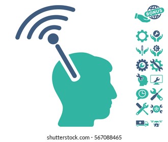 Radio Neural Interface icon with bonus settings pictograms. Vector illustration style is flat iconic cobalt and cyan symbols on white background.