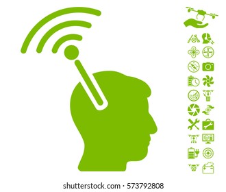 Radio Neural Interface icon with bonus flying drone tools images. Vector illustration style is flat iconic symbols on white background.
