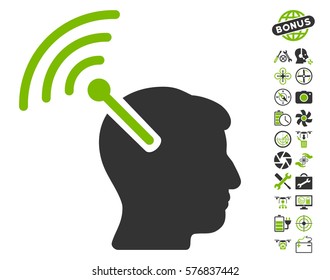 Radio Neural Interface icon with bonus flying drone service design elements. Vector illustration style is flat iconic eco green and gray symbols on white background.