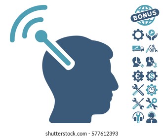 Radio Neural Interface icon with bonus service images. Vector illustration style is flat iconic cyan and blue symbols on white background.