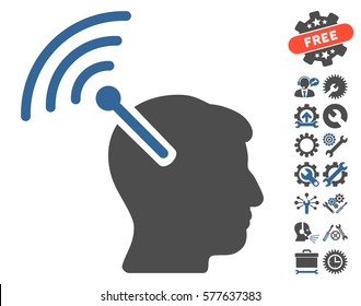 Radio Neural Interface icon with bonus tools pictograph collection. Vector illustration style is flat iconic cobalt and gray symbols on white background.
