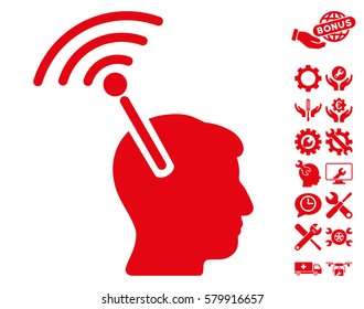 Radio Neural Interface icon with bonus tools graphic icons. Vector illustration style is flat iconic red symbols on white background.