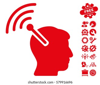 Radio Neural Interface icon with bonus configuration symbols. Vector illustration style is flat iconic red symbols on white background.