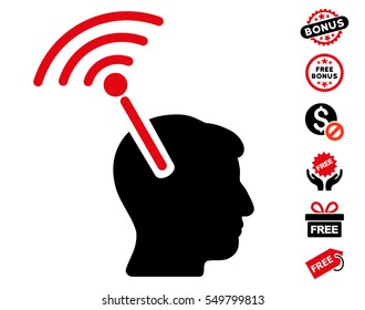 Radio Neural Interface icon with free bonus pictures. Vector illustration style is flat iconic symbols, intensive red and black colors, white background.