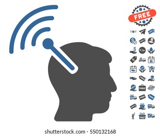 Radio Neural Interface icon with free bonus clip art. Vector illustration style is flat iconic symbols, cobalt and gray colors, white background.