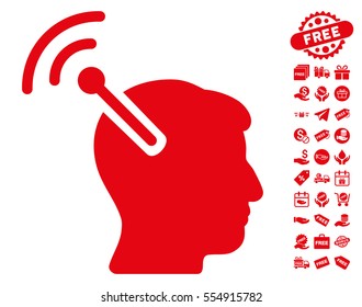 Radio Neural Interface icon with free bonus pictograms. Vector illustration style is flat iconic symbols, red color, white background.