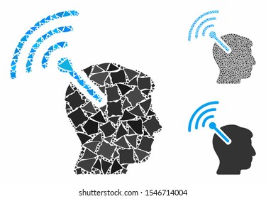 Radio neural interface mosaic of abrupt items in variable sizes and color tones, based on radio neural interface icon. Vector irregular items are composed into collage.