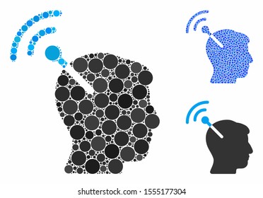 Radio neural interface mosaic of filled circles in variable sizes and color tones, based on radio neural interface icon. Vector filled circles are combined into blue collage.