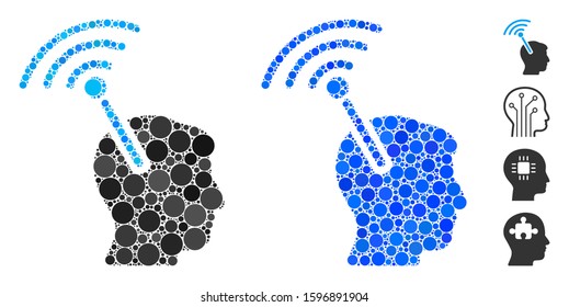 Radio neural interface mosaic of filled circles in various sizes and color hues, based on radio neural interface icon. Vector small circles are grouped into blue mosaic.