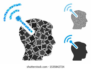 Radio neural interface mosaic of inequal elements in various sizes and color hues, based on radio neural interface icon. Vector unequal elements are united into mosaic.