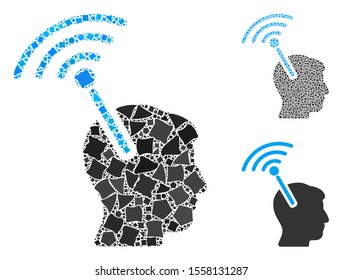 Radio neural interface mosaic of ragged parts in variable sizes and color hues, based on radio neural interface icon. Vector humpy parts are grouped into collage.