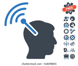 Radio Neural Interface pictograph with bonus settings design elements. Vector illustration style is flat iconic smooth blue symbols on white background.