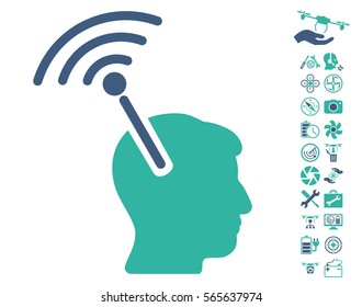 Radio Neural Interface pictograph with bonus airdrone tools graphic icons. Vector illustration style is flat iconic cobalt and cyan symbols on white background.