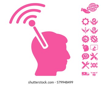 Radio Neural Interface pictograph with bonus settings pictograms. Vector illustration style is flat iconic pink symbols on white background.