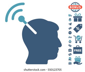 Radio Neural Interface pictograph with free bonus pictures. Vector illustration style is flat iconic symbols, cyan and blue colors, white background.