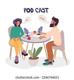 Ilustración vectorial plana de noticias de radio. Podcast en vivo, difusión. Personajes de dibujos animados aislados en el estudio. Presentadores, periodistas trabajando