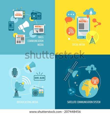 Radio newspaper live tv concept flat business icons set of mass communication social broadcasting for infographics design web elements vector illustration