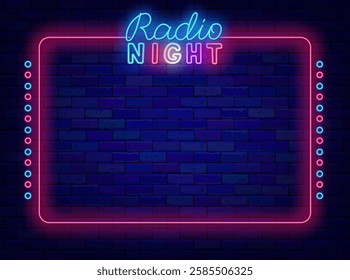 Radio night neon banner. Online streaming on air. Talent concert. Empty pink vintage frame. Vector stock illustration