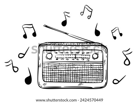 Radio with notes vector illustration. Hand drawn linear sketch of FM tuner painted by black inks. Drawing of old retro media equipment in outline style. Engraving of sound receiver for broadcast.