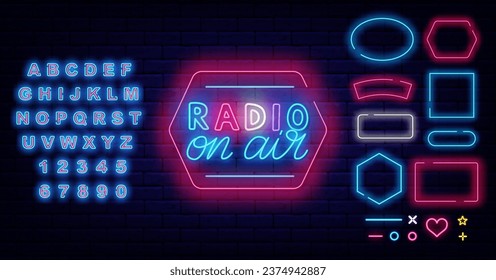 Radio on air neon sign. Streaming label. Online streaming concept. Geometric frames collection. Event design on brick wall. Light blue alphabet. Glowing banner. Editing text. Vector stock illustration