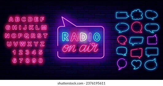 Radio on air neon sign. Streaming label. Think cloud frames collection. Online streaming concept. Event design. Light pink alphabet. Glowing banner. Editing text. Vector stock illustration