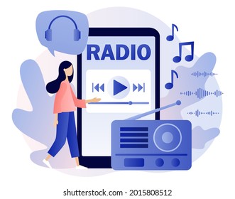 Radio On-air in smartphone app. Tiny people listening boombox, audio, music, talk show, interviews of guest online. Retro old radio. Modern flat cartoon style. Vector illustration on white background