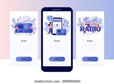 Radio On-air. Tiny people listening boombox, audio, music, talk show, interviews of guest. Retro old radio. Screen template for mobile, smartphone app. Modern flat cartoon style. Vector illustration